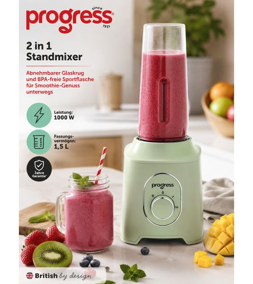 Progress 2-in-1 Standmixer & Smoothie-Maker [B-Ware] mit 1000 W, zwei Stufen, Pulsfunktion & 600 ml Sportflasche (BPA-frei)