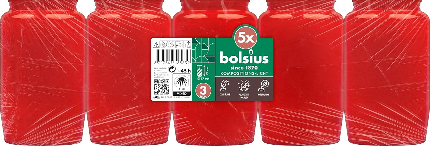 Bolsius Grablicht - Kompositionslicht - Rot - 5 Stk. - Brenndauer 45 Stunden - Trauerkerze & Gedenkstätte Kerzen - Ohne Palmöl (Prime)