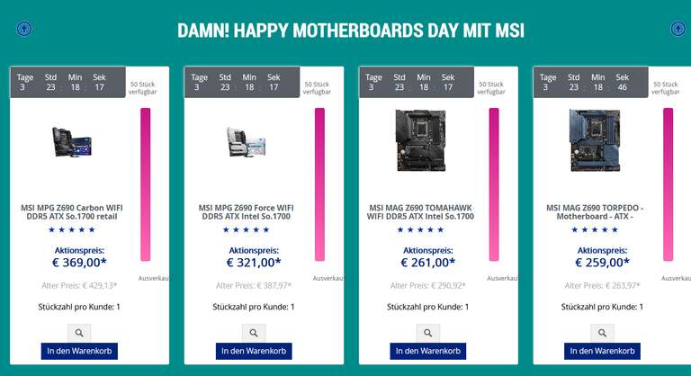 [Mindfactory DAMN!] MSI Mainboard-Deals (Z690, SO1700, DDR5, ATX) z.B. MSI MAG Z690 TOMAHAWK WIFI DDR5 ATX Intel So.1700
