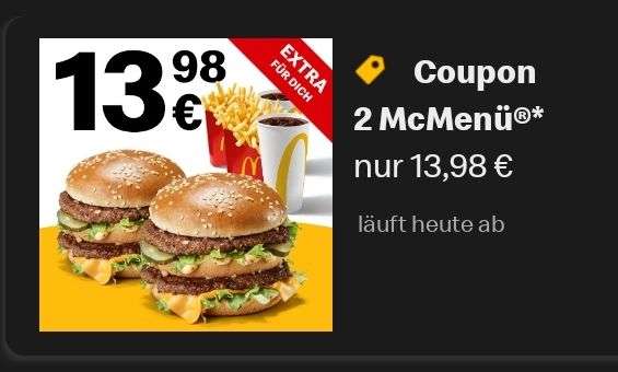 2x McMenü für 13,98€ (personalisiert) McDonalds App