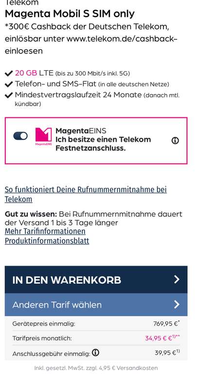 Telekom, Normalos mit MagentaEins, iPhone 15 pro Max 256GB, Magenta Mobil S 20GB 5G