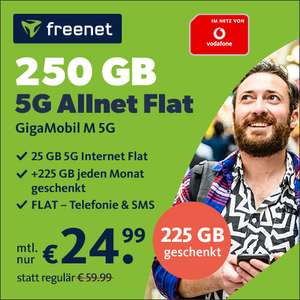 [Vodafone-Netz] Vodafone GigaMobil M mit 250GB (5G) von freenet für mtl. 24,99€ mit 300 Mbit/s + VoLTE, WLAN Call, Allnet- & SMS-Flat