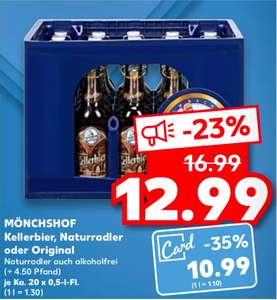 (Kaufland Card) Mönchshof Kellerbier, Naturradler (auch alkoholfrei) oder Original, 1 Kasten mit 20 Flaschen a 0,5 Liter