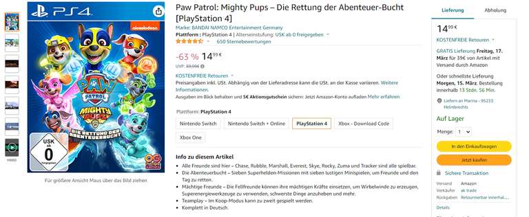 Paw Patrol: Mighty Pups - Die Rettung der Abenteuer Bucht - PlayStation 4 - Amazon (Prime)