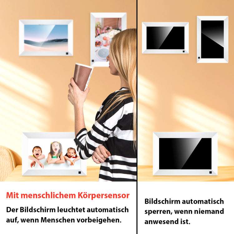 Fine Life Pro Digitaler Fotorahmen 10.1" + Holzahmen 6", Körper-Sensor (1280x800 Pixel, 32 GB)
