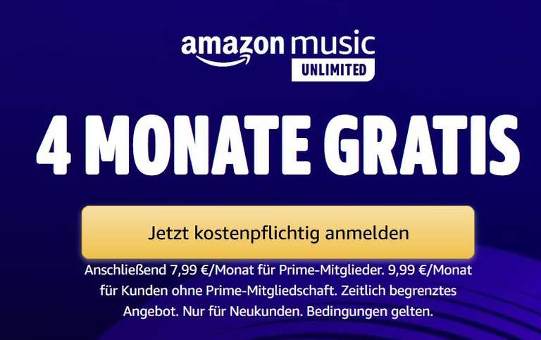 4 Monate Amazon Music Unlimited gratis (nur für Neukunden, Kündigung erforderlich)