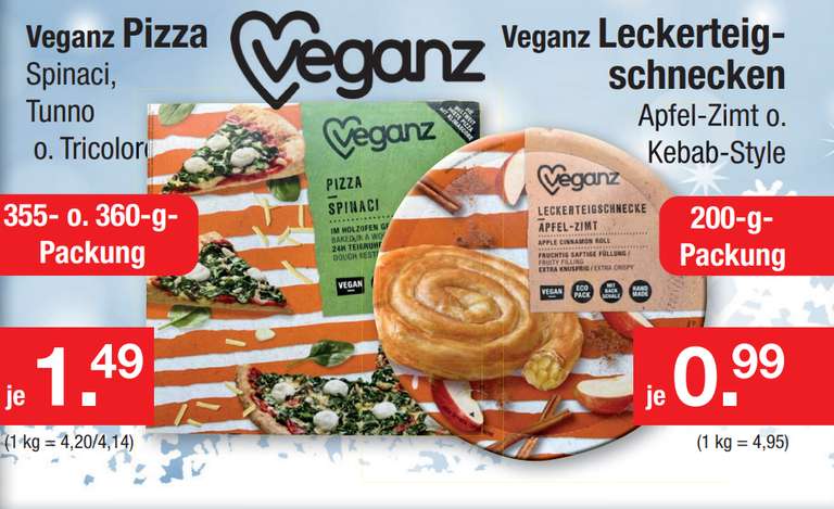 [ZIMMERMANN] Veganz Pizza 355/360g für 1,49€ oder Veganz Leckerteigschnecken 200g für 0,99€