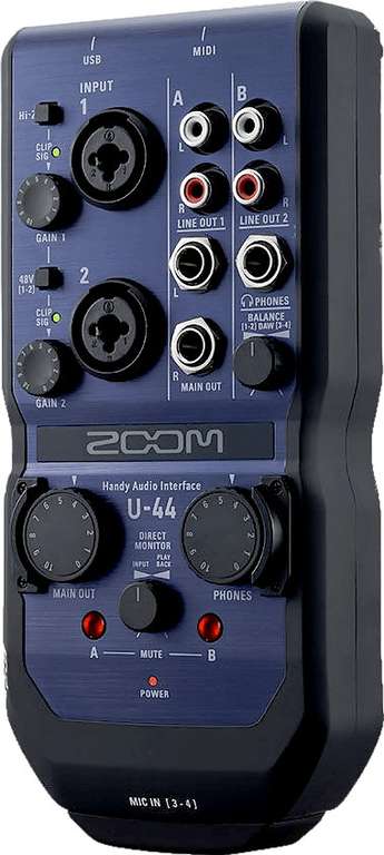 Zoom U-44 USB-Audio-Interface (24bit/96kHz, 2x 6.35mm/XLR In, 2x S/PDIF In & Out, 3x Line-Out, 6.35mm Kopfhöreranschluss)