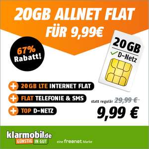 [Vodafone-Netz] 20GB LTE Tarif von klarmobil für mtl. 9,99€ mit VoLTE, WLAN Call, Allnet- & SMS-Flat + 19,99€ AG + eSIM