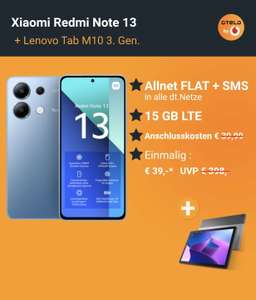 Xiaomi Redmi Note 13 mit Allnet Flat 15 GB LTE im Vodafone Netz Ihre Gratisbeigaben: + Lenovo Tab M10 FHD 3. Gen.
