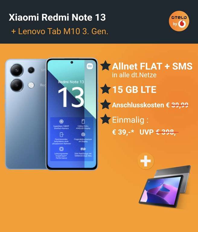 Xiaomi Redmi Note 13 mit Allnet Flat 15 GB LTE im Vodafone Netz Ihre Gratisbeigaben: + Lenovo Tab M10 FHD 3. Gen.