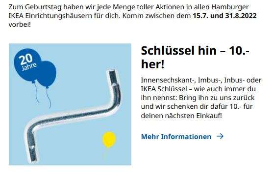 IKEA Hamburg 10€ Gutschein bei Abgabe eines Ikea Schlüssels