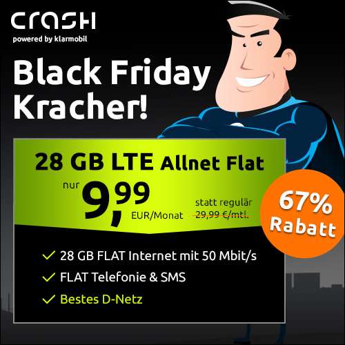 [Telekom-Netz] Black Friday: 28GB crash Telekom LTE Tarif für 9,99€ / Monat mit 50 Mbit/s + VoLTE, WLAN Call & Allnet & SMS-Flat & 29,99€ AG