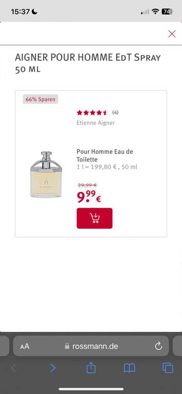 Aigner Pour Homme Herren Duft für 9,99 Euro (50 ML) bei Rossmann (Abholung, sonst +4,95€ Versand)