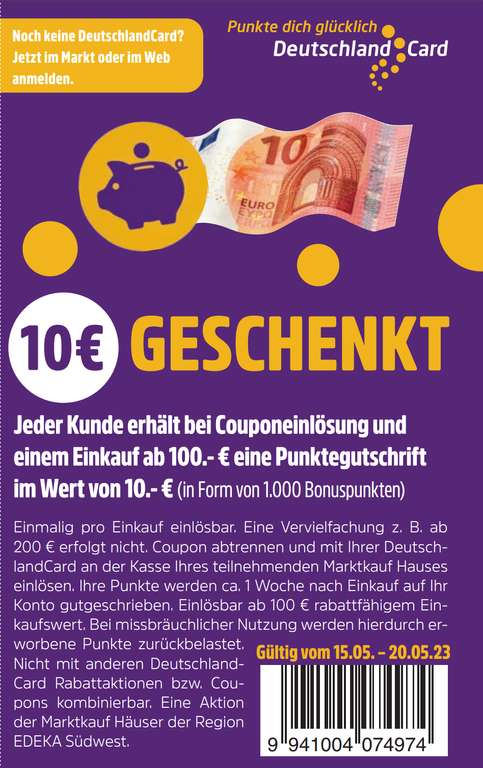 [Marktkauf Südwest] 1000 Deutschlandcard Punkte (10€) ab 100€ Einkaufswert vom 15.-20.05.23