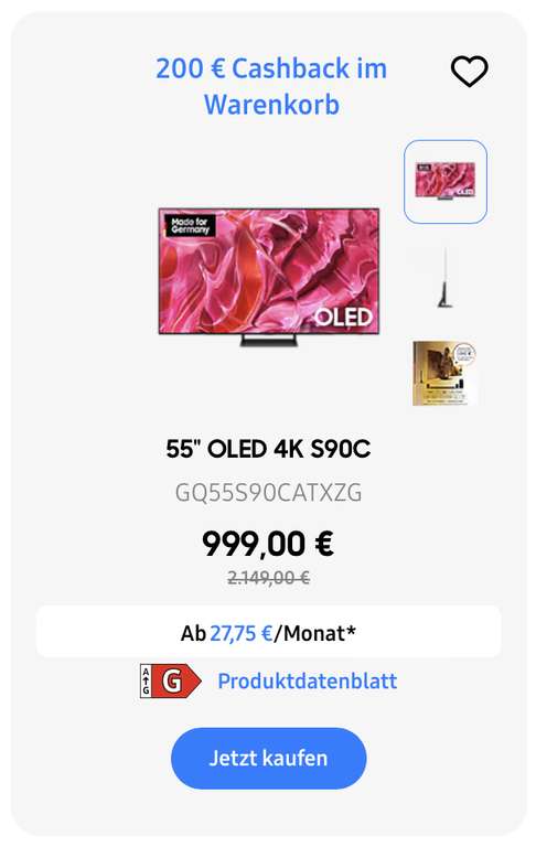 [Corporate Benefits im Samsung Store] Samsung OLED 4K S90C 55" | 999€ TV + 29€ Versand