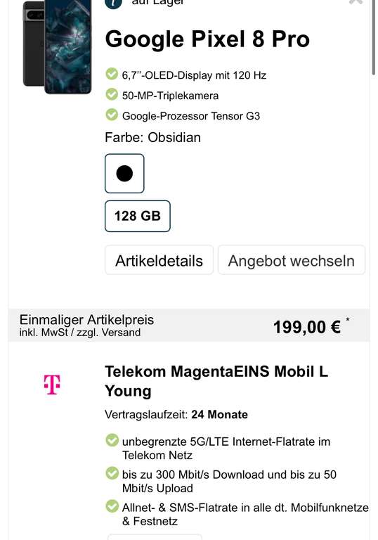 Telekom MagentaMobil L Young mit MagentaEins Unlimited bis 27 Jahre Google Pixel 8 Pro 128GB