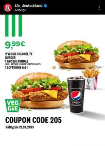 KFC Gutscheincode 205 = 2x Veggie oder Standard Colonel TS + 1x Große Pommes + 1x Softdrink 0,4l bis 12.03.2023