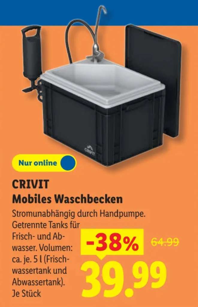 Crivit Mobiles Waschbecken mit Handpumpe  praktisches Outdoor-Setup, ab  45,94 bei Lidl - mydealz