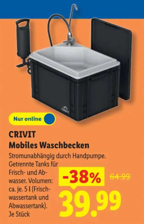Crivit Mobiles Waschbecken mit Handpumpe  praktisches Outdoor-Setup, ab  45,94 bei Lidl - mydealz