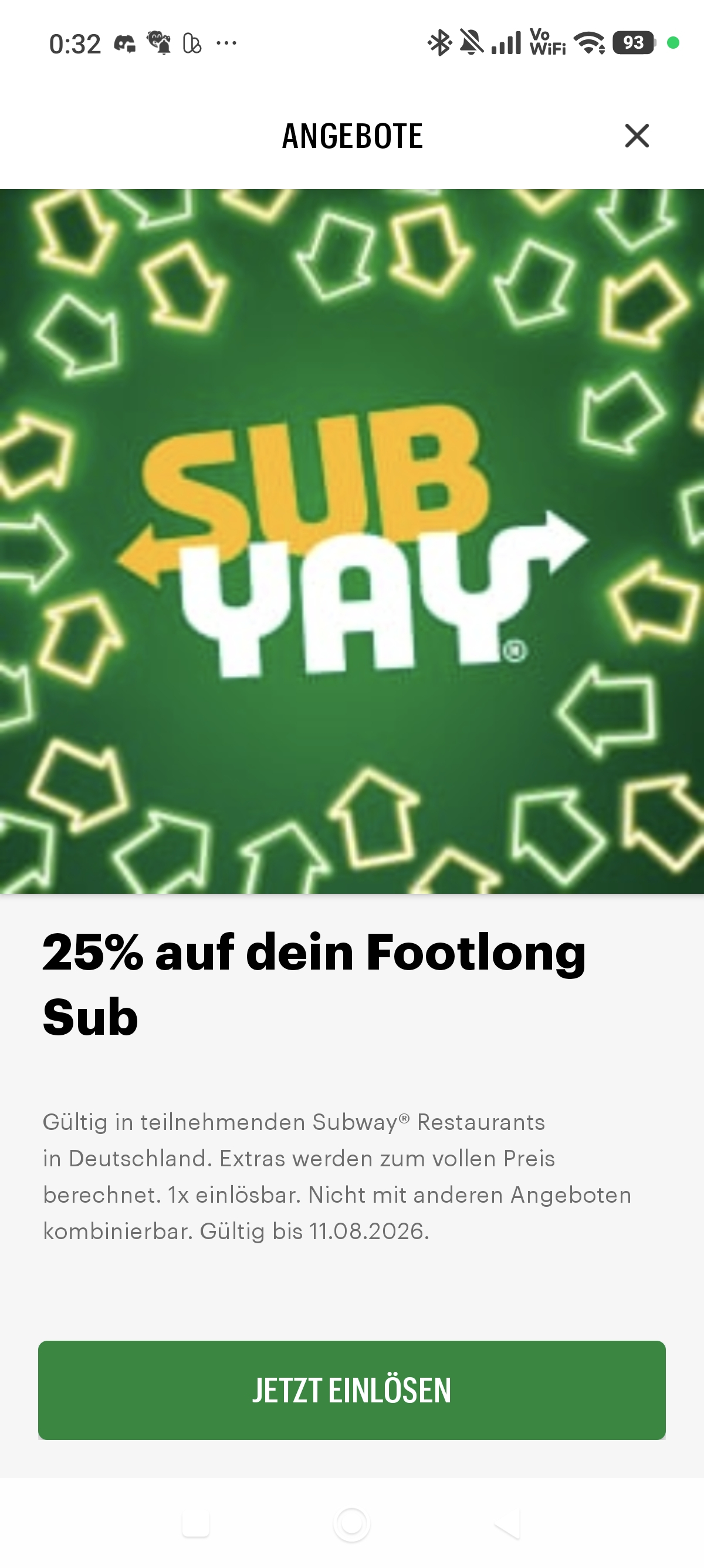 Subway: 25% Rabatt auf deinen Footlong Sub – per App/Gutschein, 1x einlösbar bis 18.08.2026