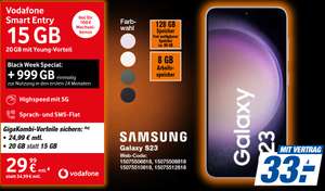 Lokal, Vodafone Netz: Samsung Galaxy S23 im GigaKombi Allnet/SMS Flat 20GB 5G für 33€ Zuzahlung, 24,99€/Monat, 100€ RNM, 999GB Daten+