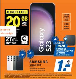 Lokal, Sammeldeal z.B. Samsung Galaxy S23 128GB & Wireless Charger Pad im Congstar Allnet/SMS Flat 20GB LTE ab 1€ Zuzahlung, 27€/Monat