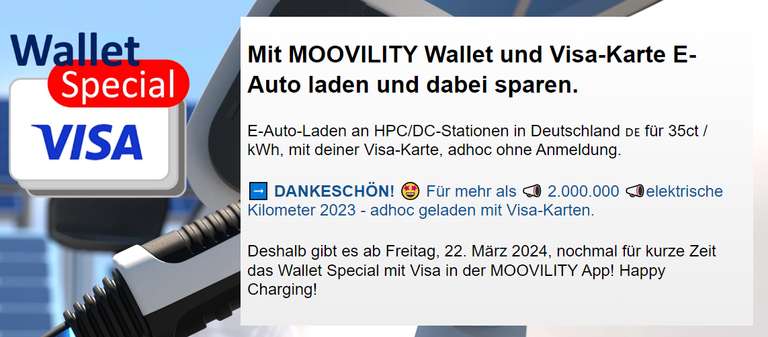 [ab 22.03.2024] Moovility Wallet Special VISA - Ad-Hoc AC/DC Laden für 35 Cent pro kWh - zurück in Deutschland