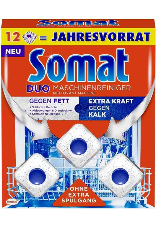 [Jahresvorrat im Prime Sparabo] Somat duo Maschinenreiniger Tabs, Maxipack, 12 Stück gegen Fett und Kalk, ohne extra Spülgang