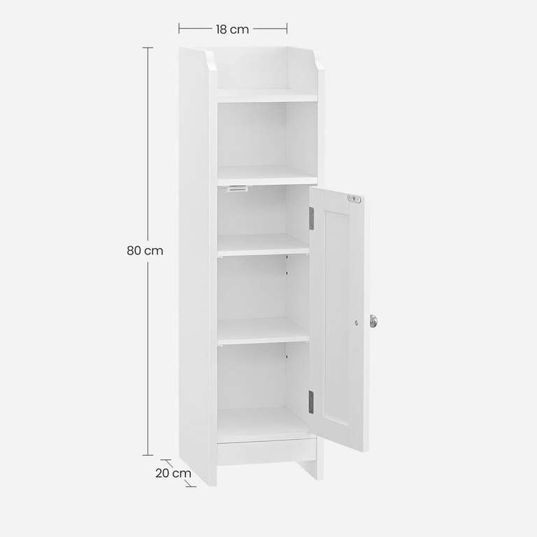 VASAGLE Schmaler Badezimmerschrank mit Tür | Weiß | aus mitteldichten Faserplatten | Abmessungen von 18 x 20 x 80 cm (L x B x H)