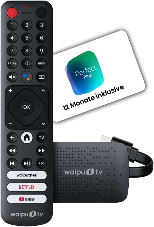 waipu.tv 4K Stick + 12 Monate Perfect Plus | TV-Kombi | Fernsehen über WLAN | Fernbedienung