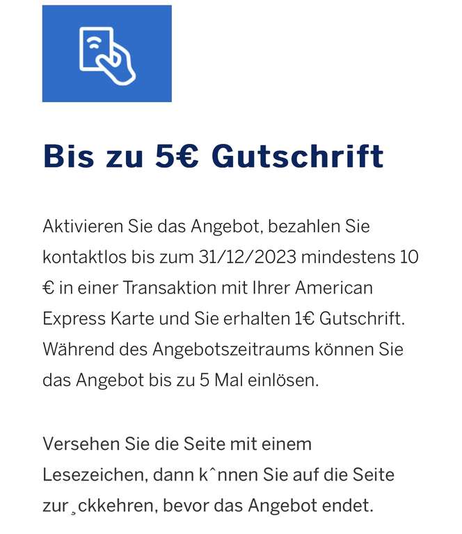 [Amex Offers] 1€ Gutschrift auf kontaktloses Bezahlen ab 10 € / 5 x einlösbar / bis 31.12.23 (personalisiert)