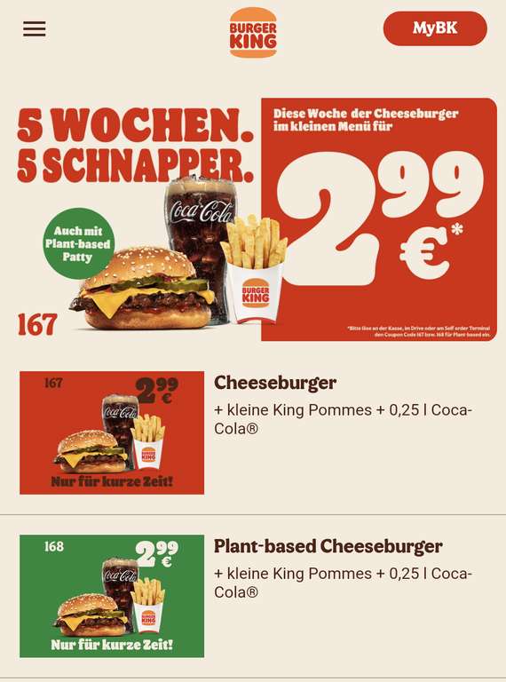 [Burger King] Cheese Burger + kleine Pommes + 0,25l Cola / Getränk - auch Plant-based