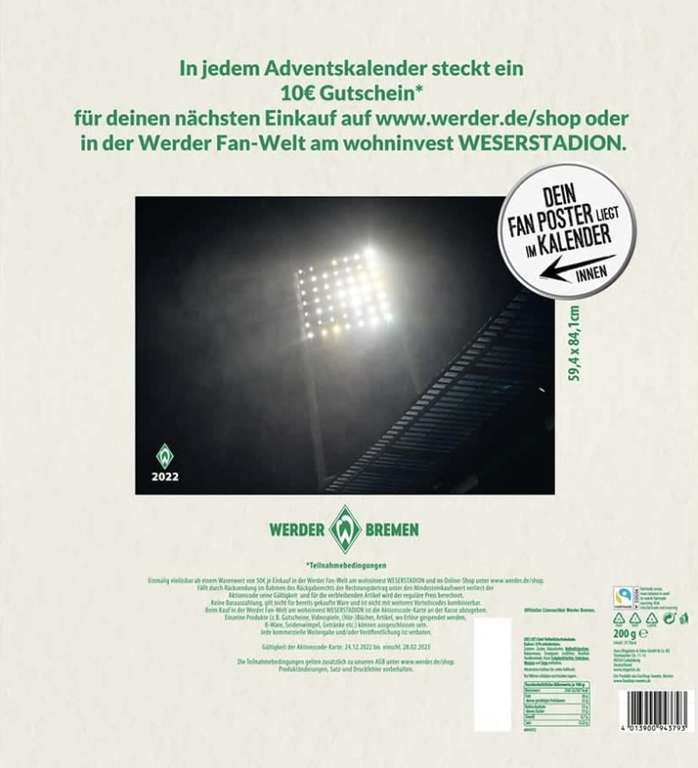 Werder Bremen Premium Adventskalender 2022 (200g Schoko +10€ Gutschein (50€ MBW) inkl. Poster 50% (Lokal Thalia Bremen)