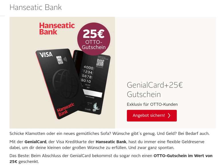 Hanseatic Bank : kostenlose "GenialCard" (Kreditkarte) mit 25€ Otto-Gutschein (Bonus) [exklusiv für Otto-Kunden]
