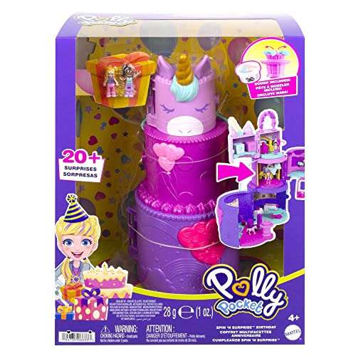 prime - Polly Pocket HHJ11 - Einhorn-Torte Spielset, Schatulle mit 2 Micro-Puppen, 25 Zubehör-Teile als Überraschung, Spielzeug für Kinder