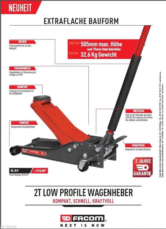 FACOM Wagenheber extraflach 2 Tonnen DL.2LP, Unterfahrhöhe 75 mm, 505 mm Hubhöhe, 2 t maximale Tragkraft