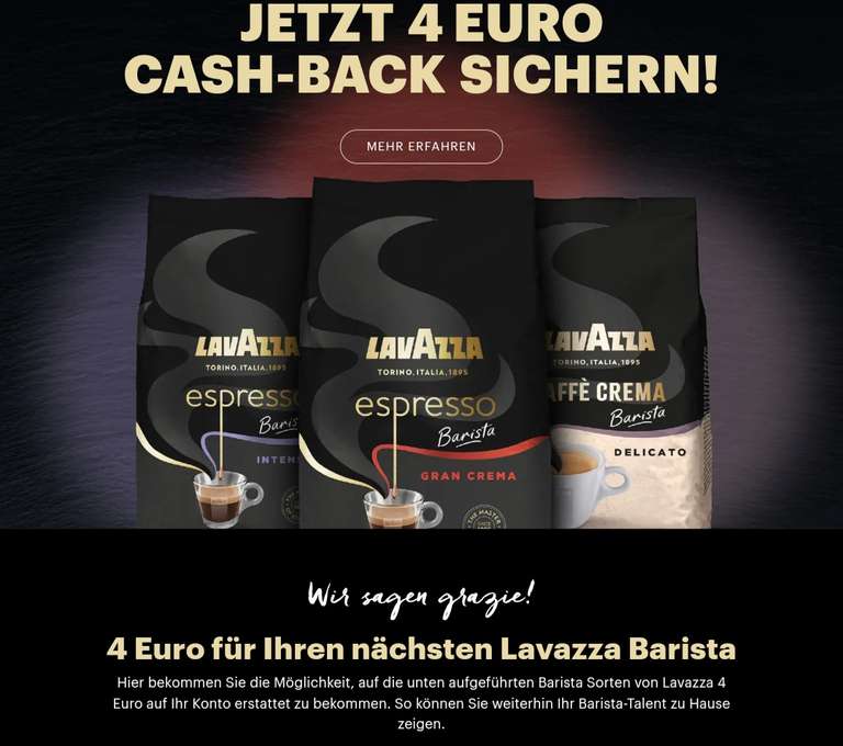 4€ Cashback für Lavazza Barista ganze Bohnen