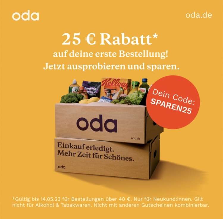 [Berlin + Umland] 25 € Rabatt für NK bei Oda (MBW 40€)
