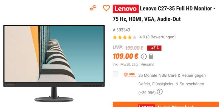 27 Zoll Lenovo Monitor für knapp 100 Euro bei NBB
