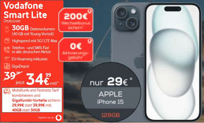 -210€ vs. Idealo Lokal, Vodafone Netz GigaKombi: Apple iPhone 15 im Allnet/SMS Flat 40GB 5G für 29,99€/Monat, 0€ AG, 29€ Zuzahlung, 200€ RNM