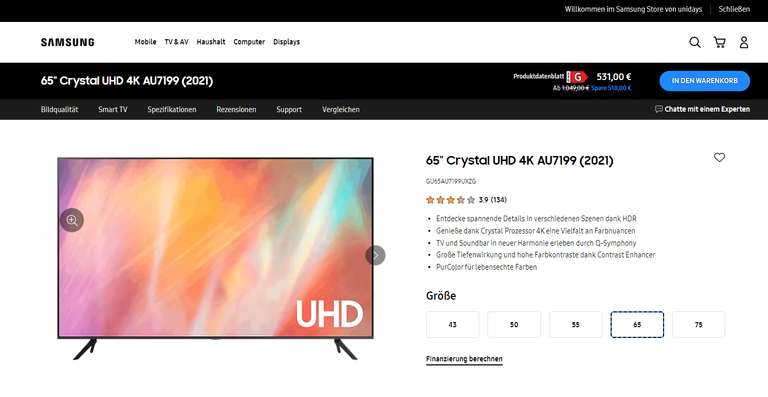 [UNIDAYS] Samsung Fernseher - Crystal UHD 4K AU7199 (2021) 65", 55", 43" / z.B. GU-AU7199UXZG für 531€