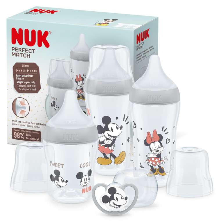 [Prime] NUK Disney Mickey Mouse Perfect Match Set | 3 Anti-Colic-Babyflaschen und Space-Schnuller | BPA-frei