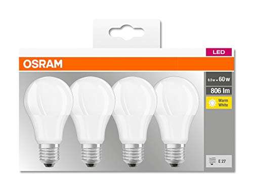 4 Stück Osram LED Base Classic A Lampe, E27 Sockel, Warmweiß - 2700 Kelvin (Prime)