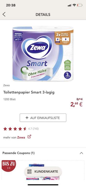 16 Rollen Zewa Smart bei Rossmann für 6,95€ Klopapier Toilettenpapier
