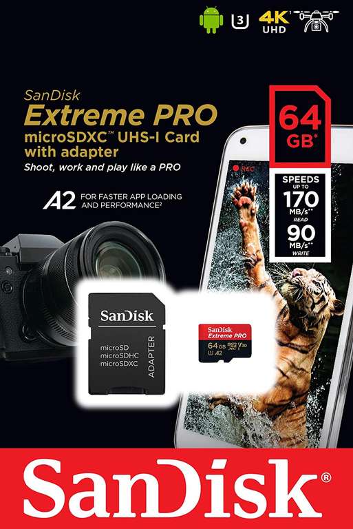 SanDisk Extreme Pro 64GB microSDXC Memory Card + SD Adapter with A2 + Rescue Pro 170MB/s Class 10, UHS-I, U3, V30 (Saturn/Prime)