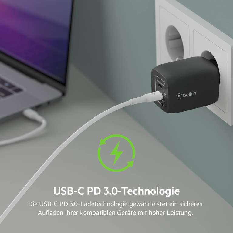 [Prime/Abholstation] Belkin 65W-USB-C-Ladegerät, weiß, 2x USB-C, Schnellladen mit PD 3.0, GaN, eff. ca. 21,5€ möglich