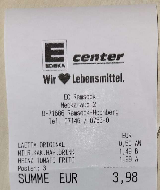 [Lokal E-Center 71686 Remseck-Hochberg] Lätta 600g für 0,50 €
