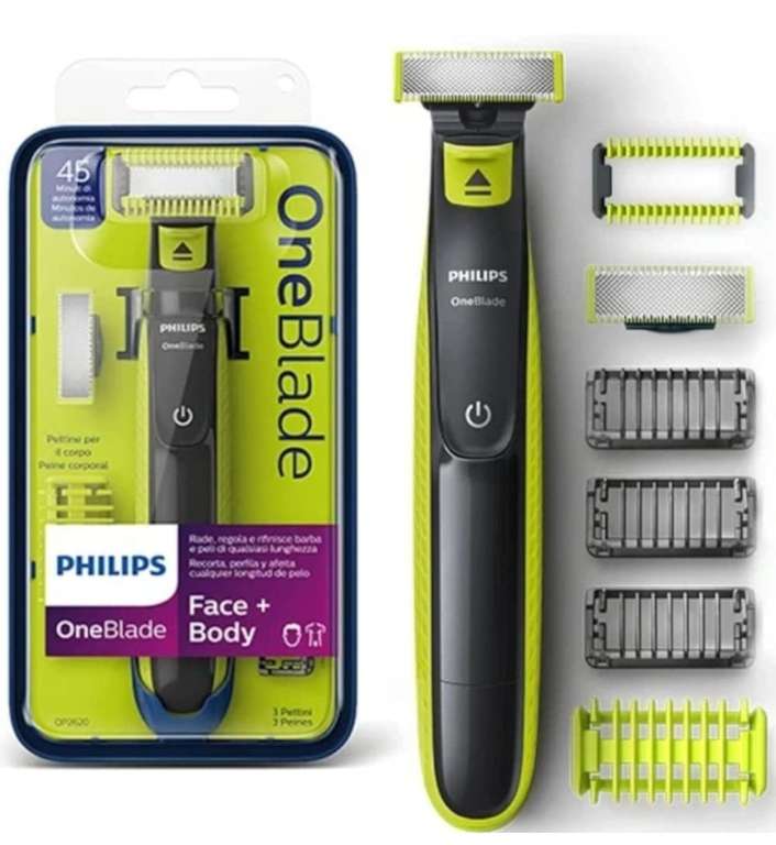 Philips OneBlade Face + Body, Trimmen, Stylen, Rasieren, Je 1 x Klinge für Gesicht und Körper, 4 Aufsätze (Modell QP2620/20)