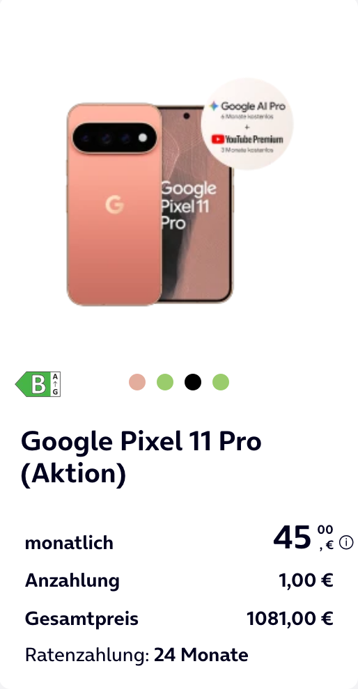 O2 (ohne Vertrag): Google Pixel 11 256GB inkl. Trade in 707,99€ | Pixel 11 Pro 787,99€ | Pixel 11 Pro XL 885,99€